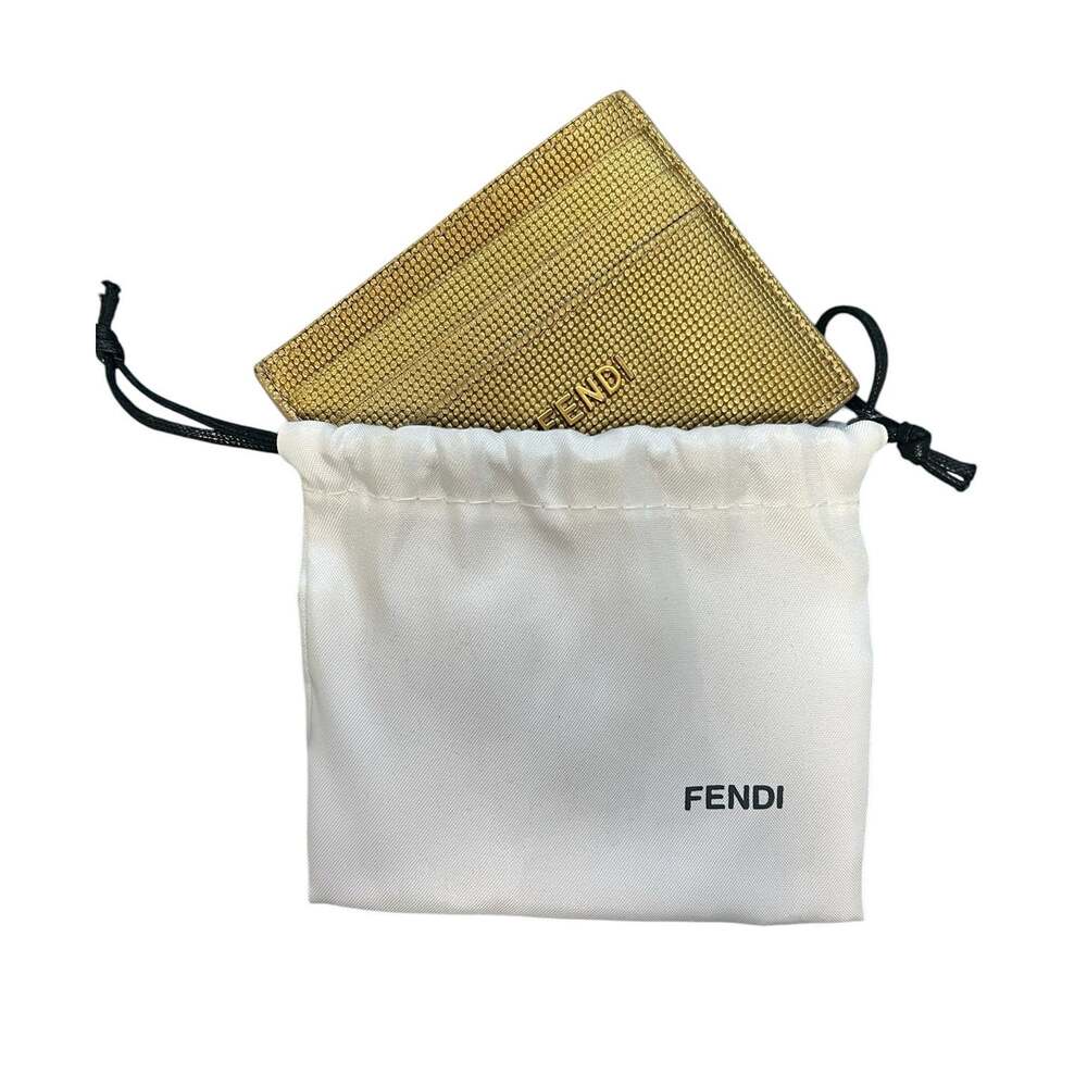 FENDI Metallic Gold Leather Card Holder with Dust Bag & Box Luxury Glam